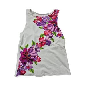 Lands End High Neck Tankini Tank Top Bra Inside White/Pink Floral Design Sz 12